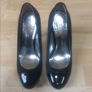 BCBGirls ‘Molly’ Black Leather Satin Fabric Heels